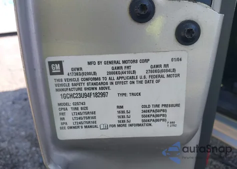 2004 Chevrolet Silverado 2500Hd Ls из США, поврежденный, VIN 1GCHC23U94F182997